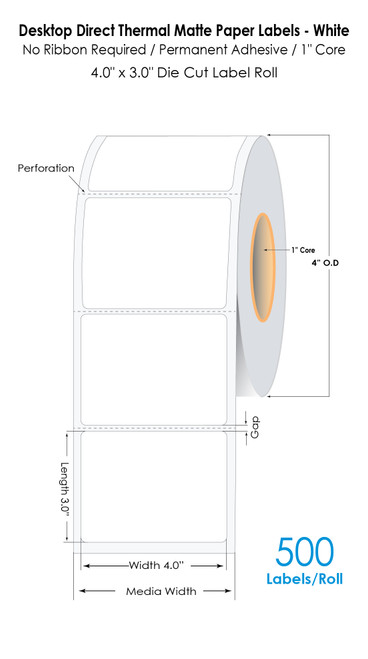 Desktop Direct Thermal Matte Paper Labels - White | 4" x 3" Die Cut Label Roll | 500 Labels/Roll