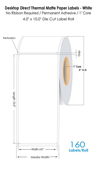 Desktop Direct Thermal Matte Paper Labels - White | 4\" x 8\" Die Cut Label Roll | 200 Labels/Roll