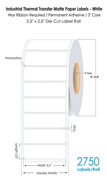 Thermal Transfer 3.5" x 2" (1 UP) White Labels 2750/Roll - 3" Core | 8"OD