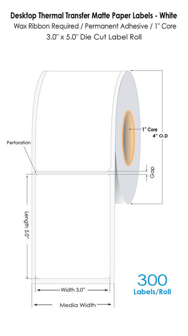Thermal Transfer 3\" x 5\" (1 UP) White Labels 300/Roll - 1\" Core | 4\"OD