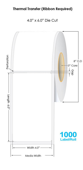 Thermal Transfer 4\" x 6\" Paper Labels 1000/Roll - 3\" Core | 8\" OD