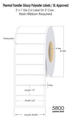 Thermal Transfer 2\" x 1\" Glossy Polyester (UL Certified) Labels 5800/Roll - 3\" Core | 8\" OD Image 1