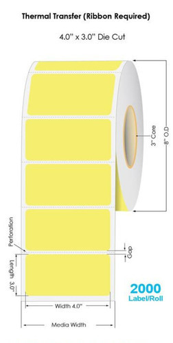 PMS Yellow Thermal Transfer 4\" x 3\" Floodcoated Labels 2000/Roll - 3\" Core | 8\" OD