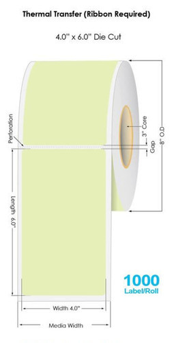 345 GREEN Thermal Transfer 4\" x 6\" Floodcoated Labels 1000/Roll - 3\" Core | 8\" OD