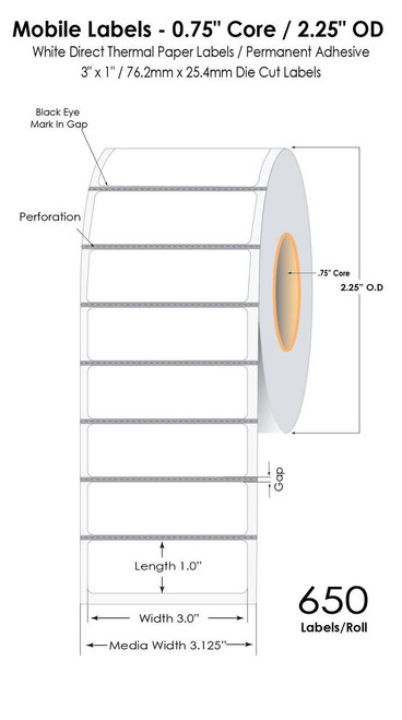 Mobile Direct Thermal 3\" x 1\" Paper Labels 650/Roll - 0.75\" Core | 2\" OD