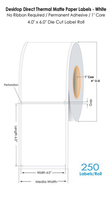 Direct Thermal 4" x 6" Paper Labels 250/Roll - 1" Core | 4" OD