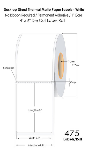 Direct Thermal 4" x 6" Paper Labels 475/Roll - 1" Core | 5" OD