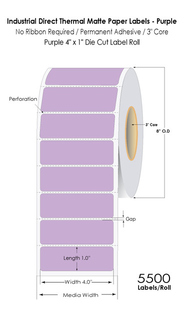 Purple Direct Thermal 4" x 1" Floodcoated Labels 5500/Roll - 3" Core | 8" OD