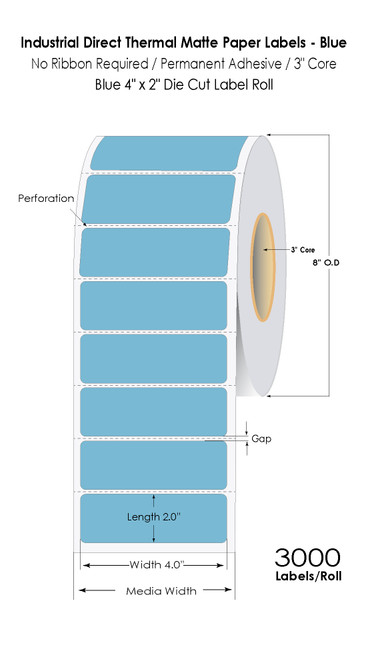 Blue Direct Thermal 4" x 2" Floodcoated Labels 3000/Roll - 3" Core | 8" OD
