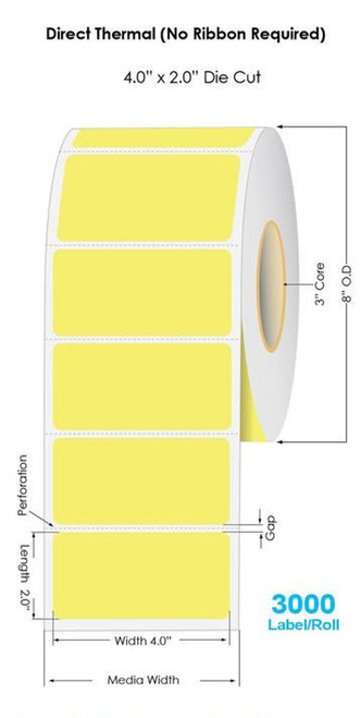 Yellow Direct Thermal 4" x 2" Floodcoated Labels 3000/Roll - 3" Core | 8" OD
