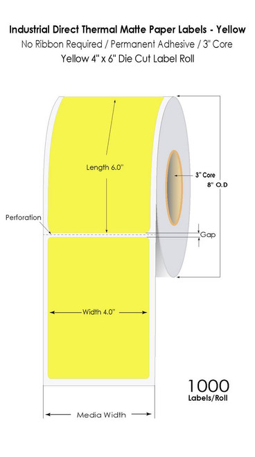 Yellow Direct Thermal 4\" x 6\" Floodcoated Labels 1000/Roll - 3\" Core | 8\" OD