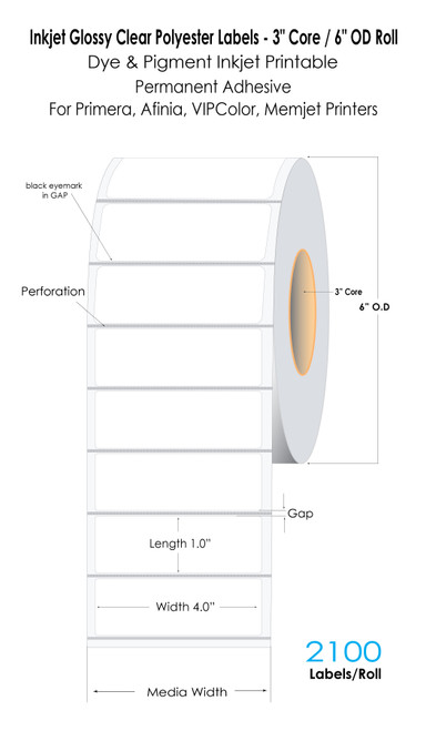 LX3000 4" x 1" Inkjet Clear Polyester Labels 2100/Roll | 3" Core/6" OD 1/8" Blk Mark in 1/4" GAP