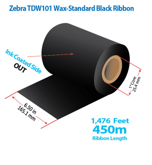 Zebra 6.5" x 1476 Feet TDW101 Black Wax Ribbon with Ink OUT | 12/Ctn