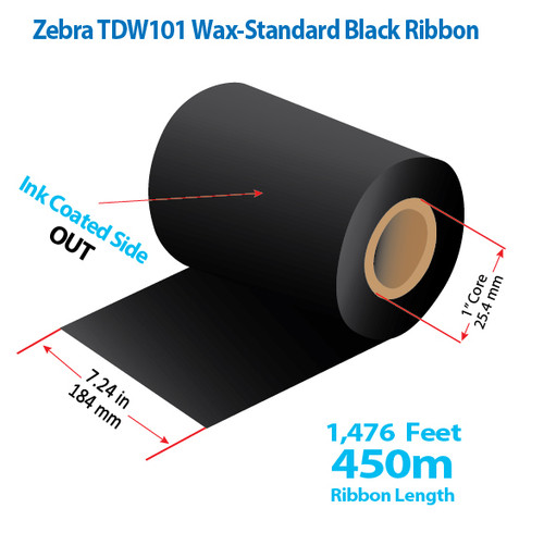 Zebra 7.24" x 1476 Feet TDW101 Black Wax Ribbon with Ink OUT | 12/Ctn