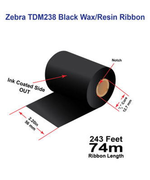 Zebra 2.2\" x 243 feet TDM238 Wax/Resin Premium Ribbon with Ink OUT | 12/Ctn Image 1