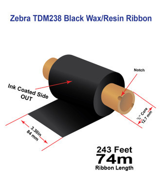 Zebra/Godex 3.3\" x 243 feet TDM238 Wax/Resin Premium Ribbon with Ink OUT | 12/Ctn Image 1