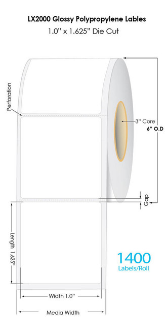 C6500 1\" x 1.625\" Glossy Polypropylene Labels 1400/Roll (2\" media width)