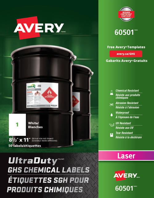 Avery 60501 UltraDuty GHS Chemical Labels 8 1/2" x 11" Laser Label Sheet Image 1