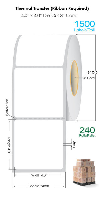 Thermal Transfer 4" x 4" Matte Paper Labels 1500/Roll - 3" Core | 8" OD / 4 Rolls/Carton (Pallet Sale)