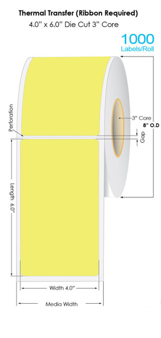 Thermal Transfer 4" x 6" YELLOW Floodcoated Paper Labels 1000/Roll - 3" Core | 8" OD