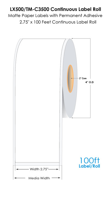 LX500/TM-C3500 2.75"x100Ft Cont Matte Paper Label Roll Image 1