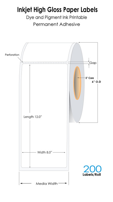 C6500 8" x 12" Inkjet High Gloss Paper Die Cut Label Roll | 200/Roll | 3" Core/6"OD
