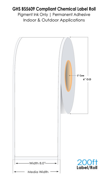C6500 8" x 200 Feet Pigment Inkjet Chemical Continuous Label Roll 3" Core 6"OD