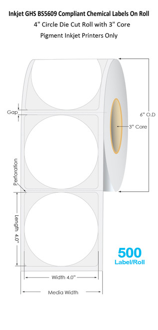 C6500 4" Circle Inkjet Chemical Die Cut Label Roll | 500/Roll | 3" Core/6"OD