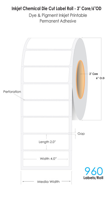 C6500 4" x 2" Inkjet Chemical Die Cut Label Roll | 960/Roll | 3" Core/6"OD