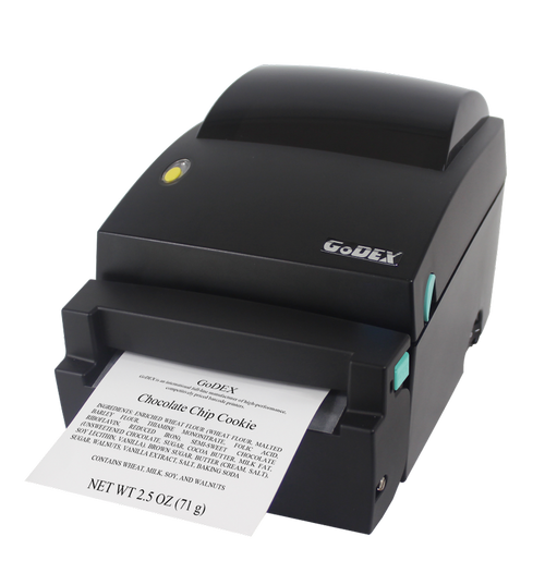 Godex DT4L Linerless Direct Thermal Label Printer front view with linerless label coming out