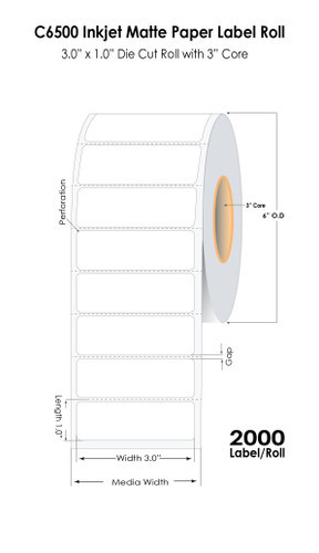 C6500 3\" x 1\" Inkjet Matte Paper Label 2000/Roll 6\" OD Image 1