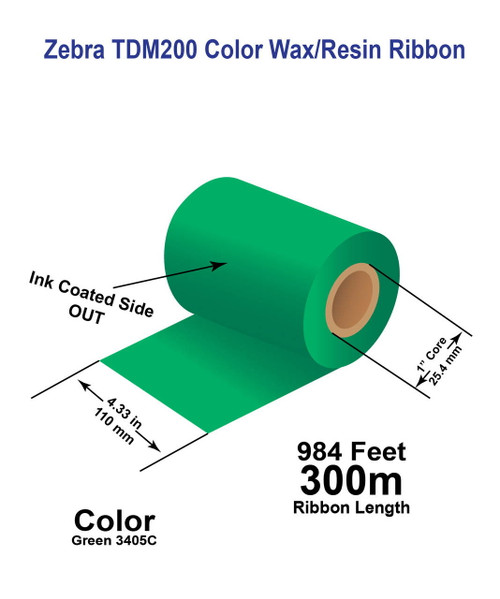 Zebra 4.33\" x 984 feet GREEN 3405C TDM200 Wax/Resin Color Ribbon with Ink OUT | 24/Ctn