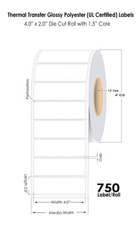 Thermal Transfer 4" x 2" Gloss White Polyester UL  Label Roll 1.5" Core | 4" OD