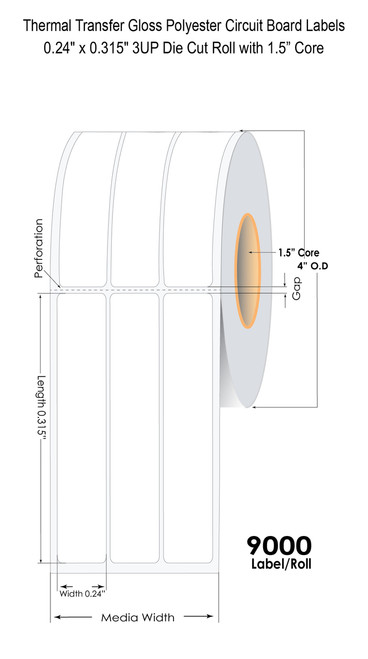 Thermal Transfer 0.24" x 0.315" 3UP Gloss Polyester UL Circuit Board Labels 9,000/Roll - 1.5" Core | 4" OD Image 1