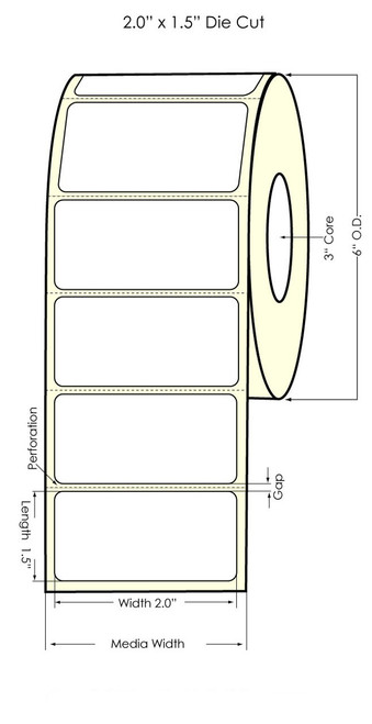 C6500 2" x1.5" Removable Glossy BOPP Inkjet Label 520/Roll 6" OD
