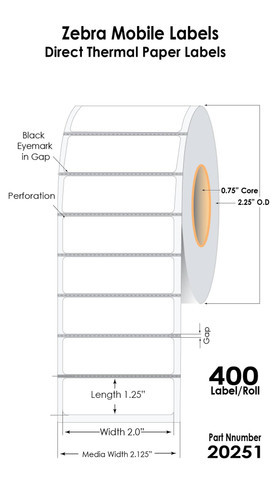 Mobile 2\"x 1.25\" Direct Thermal Labels 400/RL|2.25\" OD Image 1