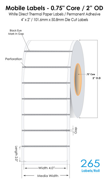 Mobile 4" x 2" Direct Thermal Labels 265/Roll |2.25"OD