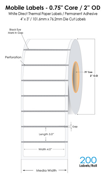 Mobile 4" x 3" Direct Thermal Labels 200 Labels/Roll | 0.75" Core / 2.25"OD / 36 rolls/Case
