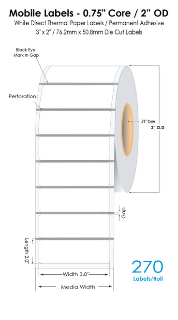 Mobile 3" x 2" Direct Thermal Labels 270/Roll | 0.75" Core - 2.25"OD