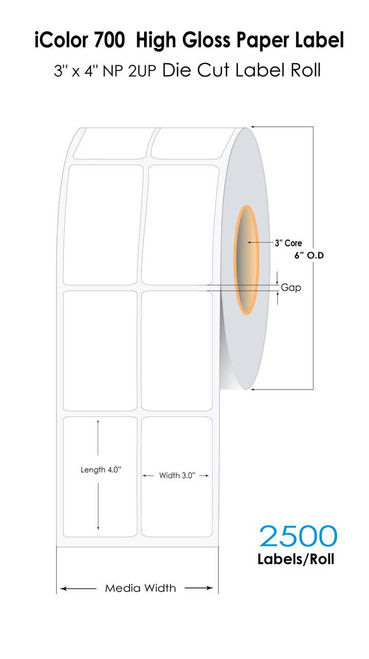 iColor 700 3\"x 4\" NP 2UP High Gloss Paper 2500 Labels/Roll