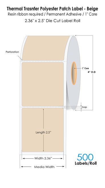 Thermal Trasnfer 2.36"x2.5" Beige Polyester Patch Label Roll