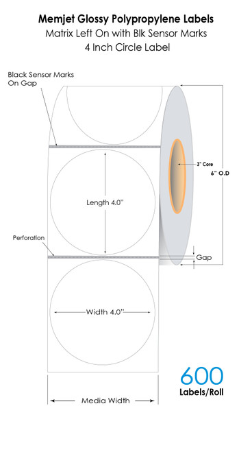 L801 4inch Circle Glossy Polypropylene labels with Matrix ON 3in Core and 6in OD roll