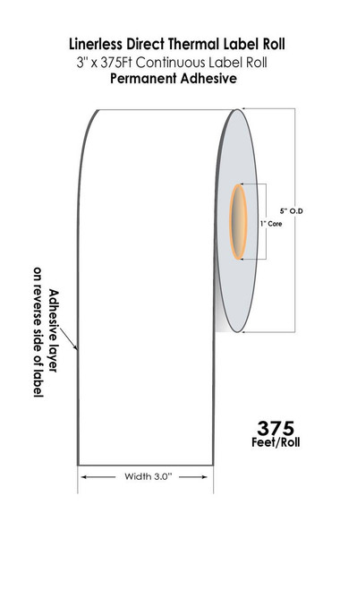 Linerless 3"x375Ft White Direct Thermal Label Roll 1.o"/5"OD