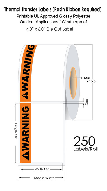 Thermal Transfer 4"x6" Orange Warning? Glossy Polyester UL Label Roll 1.5" Core Image 1