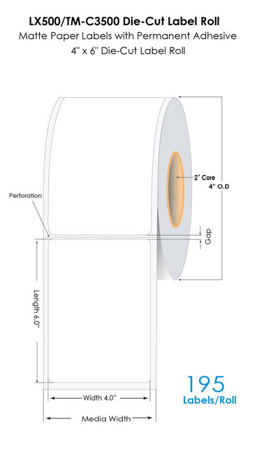 LX500/TM-C3500 4"x6" Die Cut Matte Paper Label 195/Roll