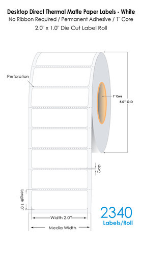 Direct Thermal 2\" x 1\" Labels 2340/Roll - 1\" Core | 5\" OD Image 1