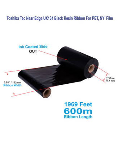 Toshiba Tec 5.98\" x 1969 Feet UX104 Near Edge Resin Ribbon For PET, NY  Films | 12 Rolls Image 1