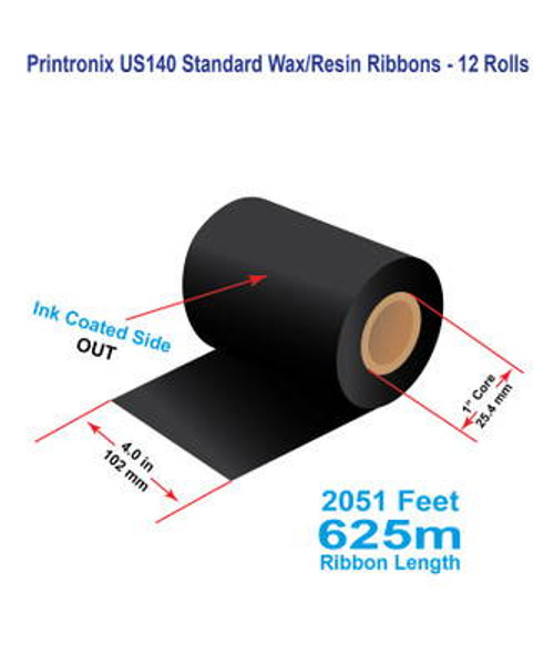 Printronix 4\" x 2051 ft US140 Black Wax/Resin Ribbon - 12 Rolls Image 1 Printronix 4\" x 2051 ft US140 Black Wax/Resin Ribbon - 12 Rolls Image 1