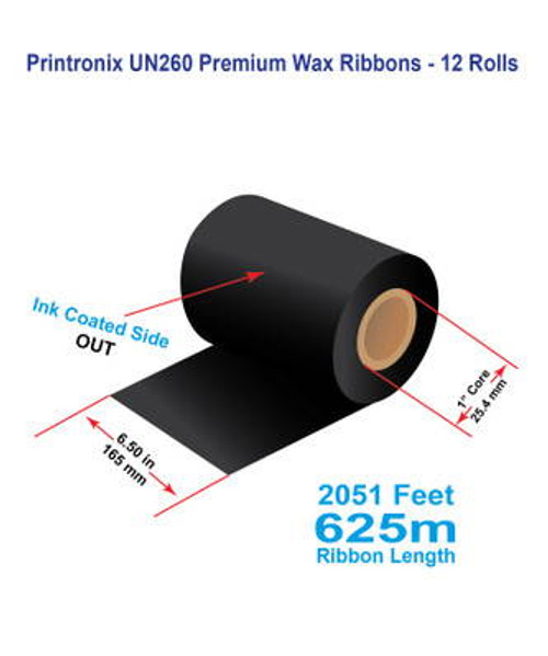 Printronix 6.5\" x 2051 ft UN260 Black Wax Ribbon - 12 Rolls Image 1 Printronix 6.5\" x 2051 ft UN260 Black Wax Ribbon - 12 Rolls Image 1