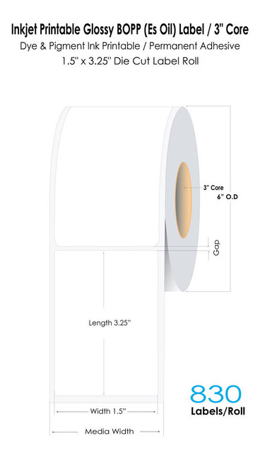 C6500 1.5\" x 3.25\" NP Glossy BOPP (Es Oil) Labels 830/Roll
